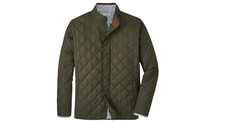A green quilted jacket with a stand collar and snap button closure, featuring a brown accent on the collar and a faint plaid lining visible inside. The jacket has a casual, stylish look.