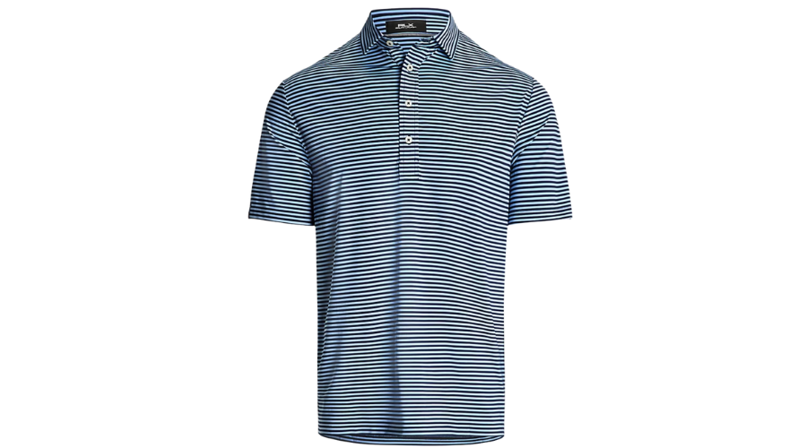 A short-sleeved, navy and white striped polo shirt with a collar and three buttons down the front, displayed on a plain white background.