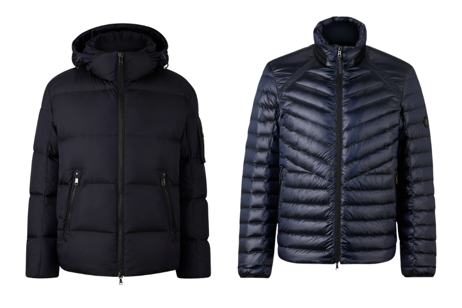 Two dark-colored puffer jackets are displayed side by side; the left jacket has a hood and matte texture, while the right jacket has a shiny finish and no hood. Both jackets have front zippers and pockets.