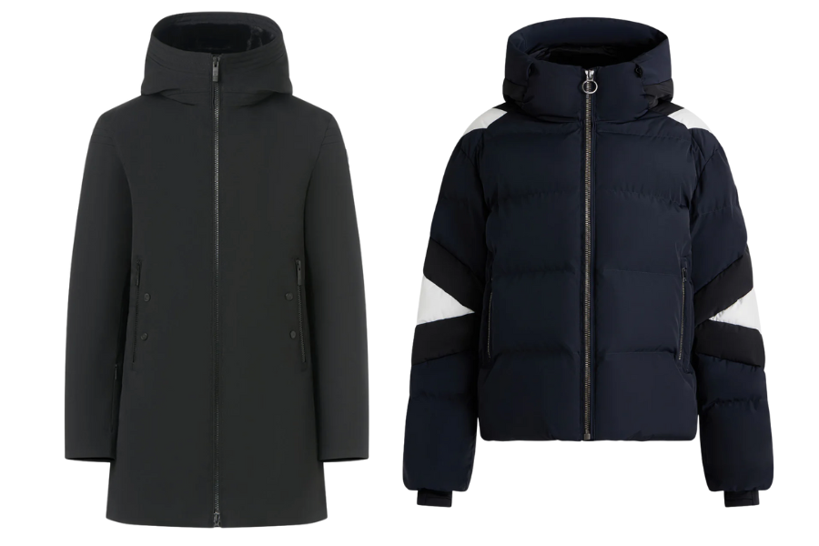 Two winter jackets side by side: a long, black hooded coat with a front zipper and buttons on the left; a short, navy blue puffer jacket with black and white accents and a front zipper on the right.
