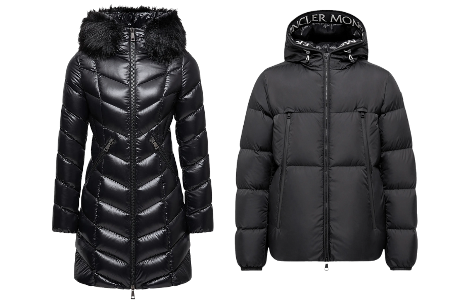 Two black puffer jackets: the left one is long with a fur-trimmed hood and a fitted waist; the right one is short, boxy, with a plain hood and Moncler text on the collar. Both have front zippers.