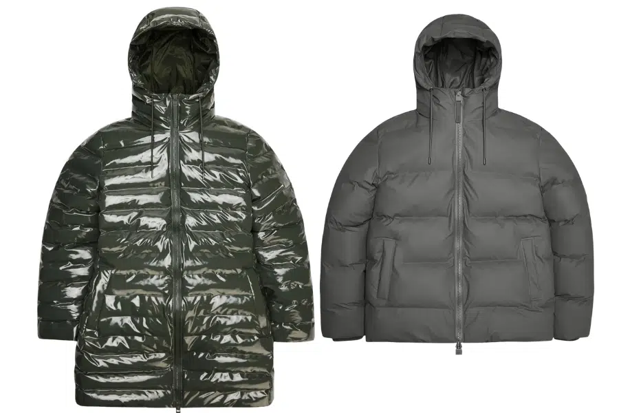 Two hooded puffer jackets side by side: the left one is long, shiny, and dark green; the right one is shorter, matte, and gray. Both have front zippers and horizontal quilted patterns.