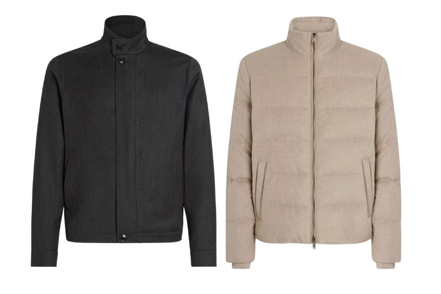 Two jackets are shown side by side: one is black with a stand collar and button closure, and the other is beige, quilted, with a high collar and a zipper closure. Both jackets have a minimalist design.