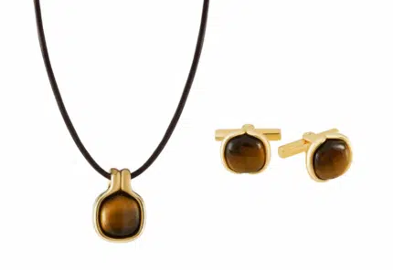 Cushion Stone pendant in 18K yellow gold with tigereye, and Cushion Stone cufflinks