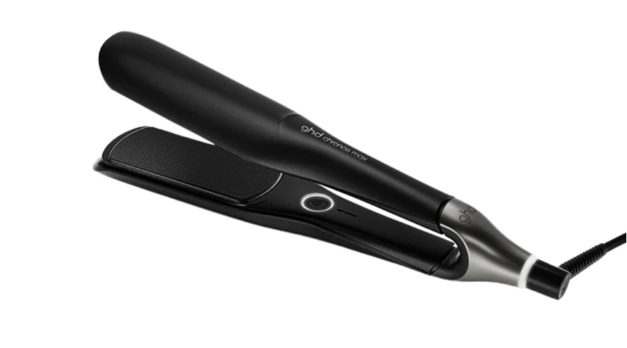 A black and silver hair straightener with a rounded barrel, a power button, and a cord attached at the end, shown against a white background.