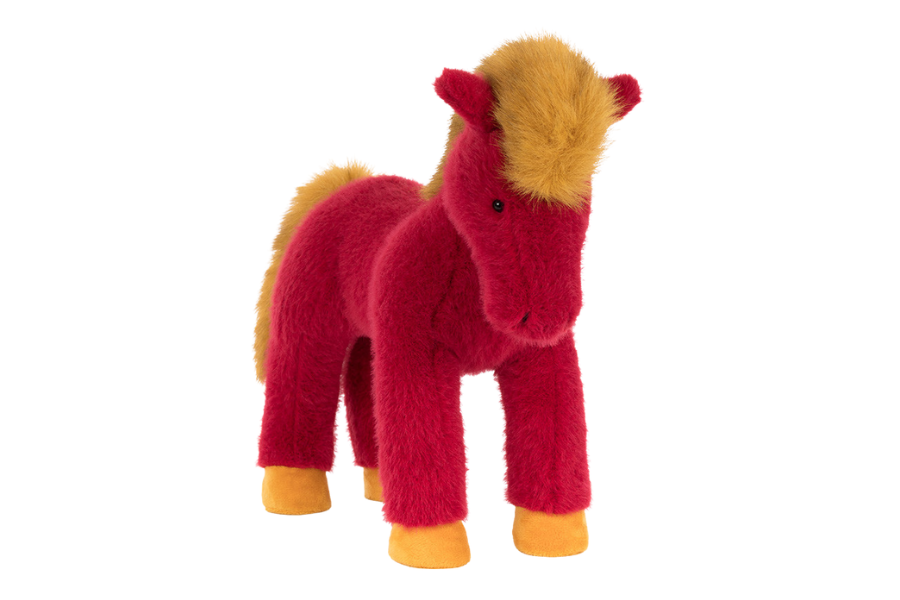 A plush toy horse with bright red fur, yellow mane and tail, yellow hooves, and black button eyes, standing upright against a white background.