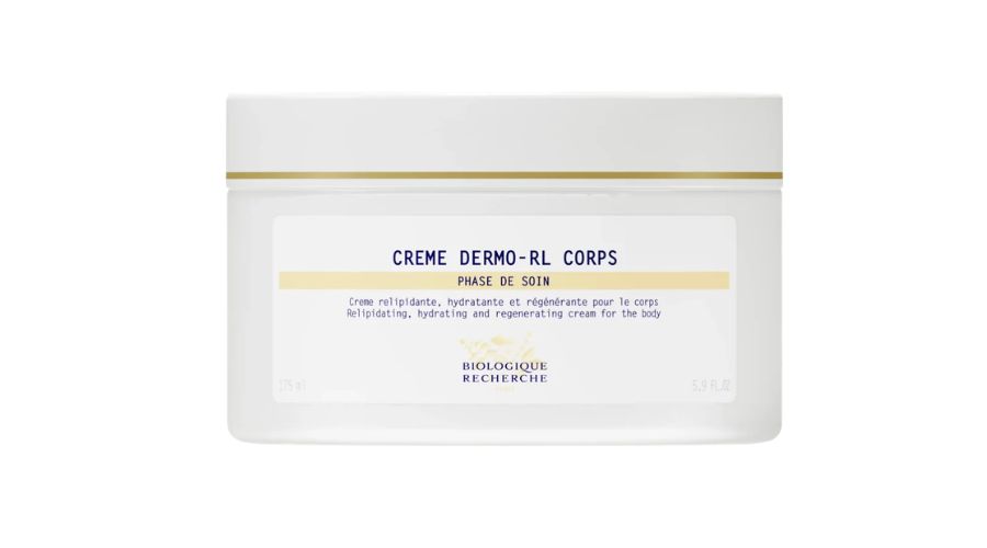 A white jar of Biologique Recherche Crème Dermo-RL Corps, featuring a gold stripe near the top and product details printed on the front label in French and English.