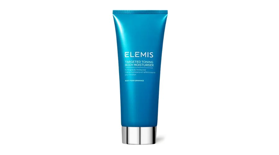 A blue tube of Elemis Targeted Toning Body Moisturiser with a silver cap, shown upright against a white background.