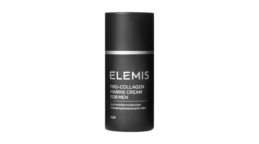 A black cylindrical bottle of Elemis Pro-Collagen Marine Cream for Men, labeled as an anti-wrinkle moisturizer, shown against a white background.