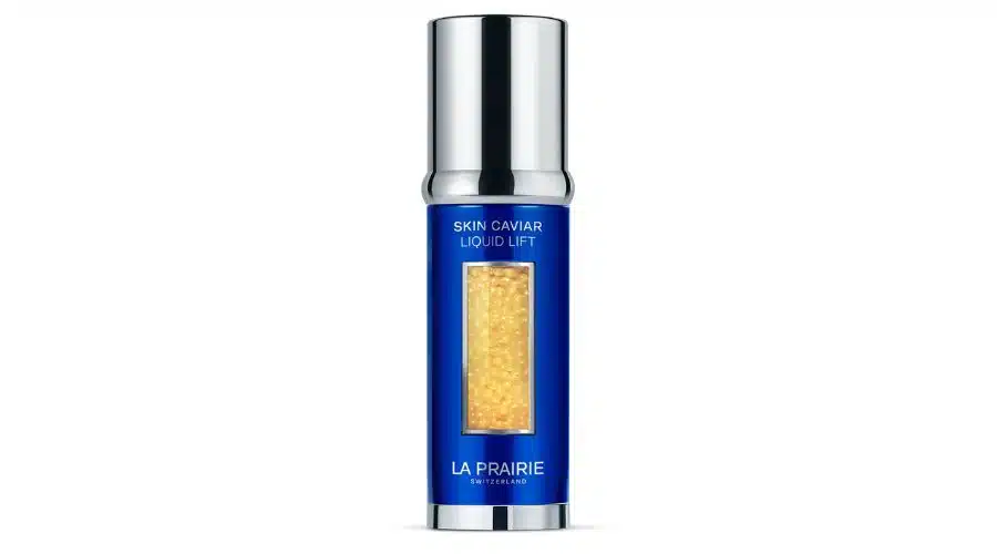 A blue and silver bottle of La Prairie Skin Caviar Liquid Lift, featuring a transparent window displaying yellow caviar-like beads inside.