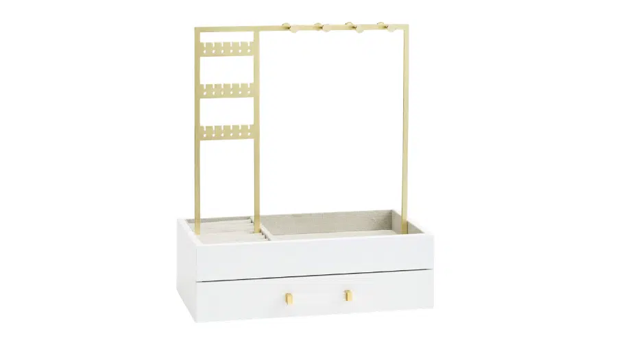 A white jewelry organizer with a drawer, compartments, and a gold metal stand featuring hooks and holes for hanging necklaces, bracelets, and earrings.