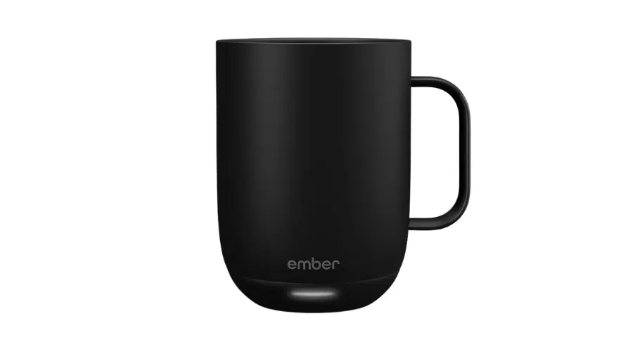 A matte black Ember smart mug with a handle, shown against a white background. The mug features the ember logo near the base and has a modern, minimalist design.