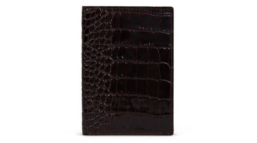 A dark brown, glossy leather wallet with a crocodile skin texture, shown standing upright against a white background.